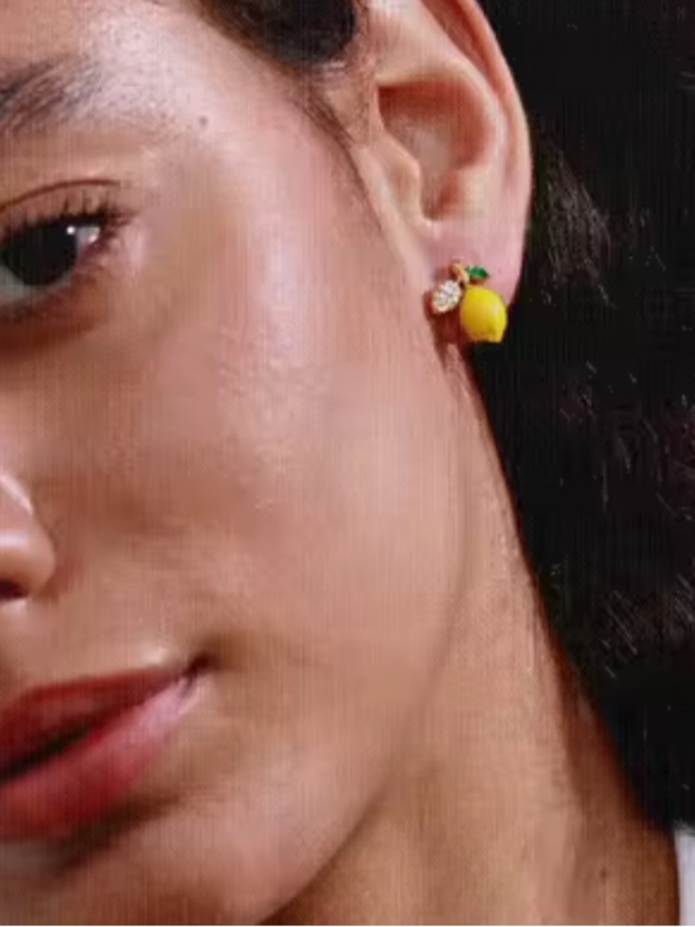 Gold Lemon Drop Earrings with Yellow Enamel and Green Crystal Leaf - Picture 8 of 8